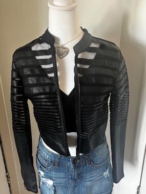 Yoki Black Striped Sheer Leather-Trim Bomber Jacket